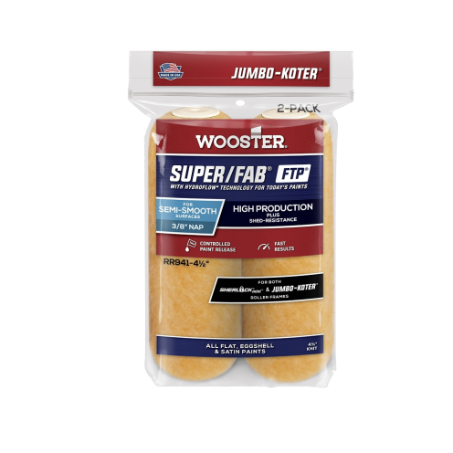 The WOOSTER Jumbo-Koter 4-1/2 Super/Fab FTP Roller Cover (2-Pack) is perfect for semi-smooth surfaces with a 3/8 nap, ensuring a flawless finish on flat, eggshell, and satin paints. High production quality and shed-resistant design enhance its performance.